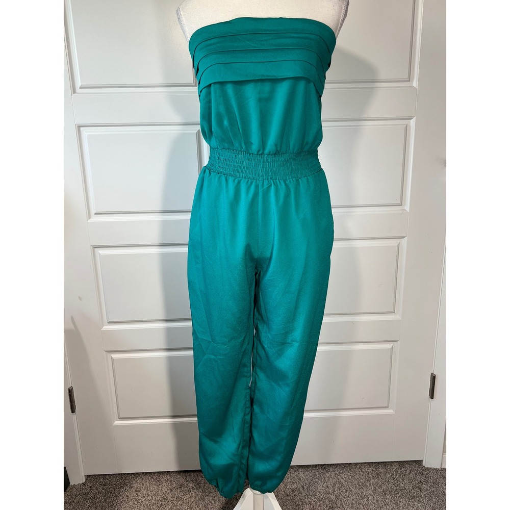 Shasa Teal Green Strapless Jumpsuit Smocked Waist Pleated Top Pockets Small